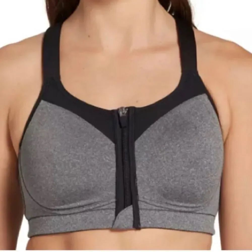 Calia by Go All Out Front Zip Sports Bra high intensity gray black 36DD